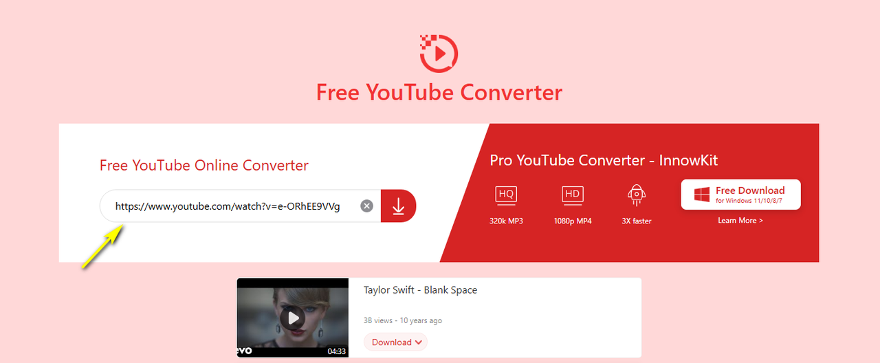 Incolla l'URL del video di YouTube