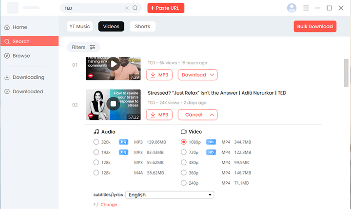 Choose MP3 or MP4 format to download